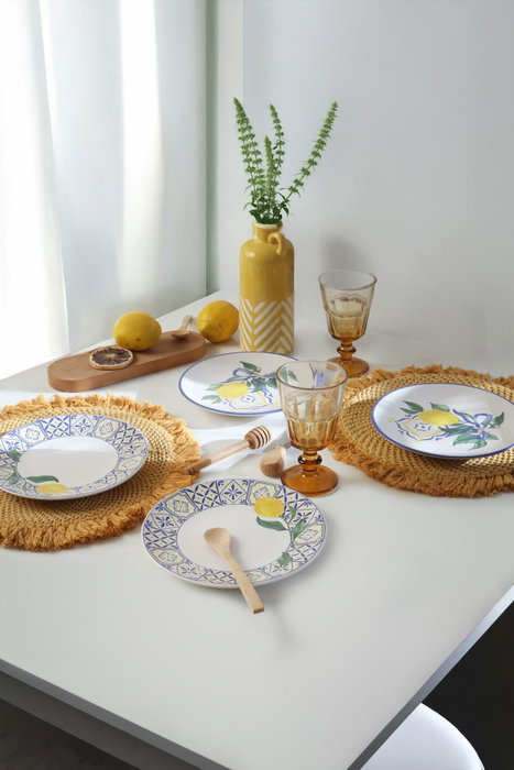 Hermia Set de Servir Pasteles de 4 piezas en Cerámica, 20 cm, Blanco, Azul Marino y Amarillo